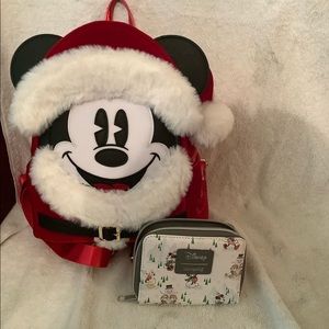 Disney Loungefly Santa Mickey mini backpack with loungefly wallet - NWOT EUC